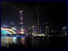 Zhujiang New Town skyline by night. These two supertalls are International Finance Center, changing lights, and Chow Tak Centre.